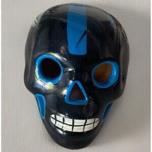 Handpainted Ceramic Carolina Panthers Sugar Skull Mini Helmet Decor 4.5”